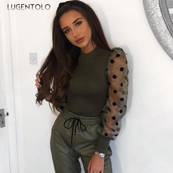 

lugentolo women blouse stitching polka dot autumn mesh long puff sleeve o-neck slim fit solid femal fashion blouses women's & shirts, White