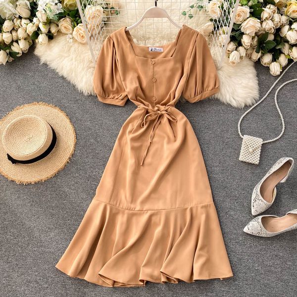 

elegant solid ruffles dress women french retro square collar puff sleeve a-line dress chic streetwear summer dresses 210419, Black;gray