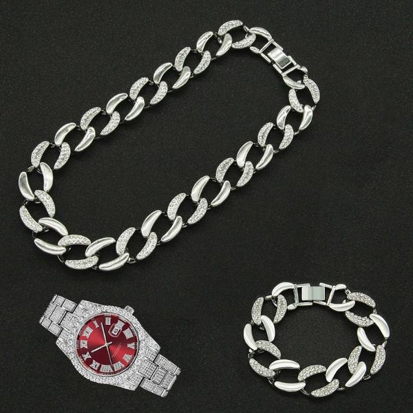 

chains 19mm hip hop 3pcs kit iced out paved rhinestone choker miami curb cuban rapper necklace+watch+bracelet for men women jewelry, Silver