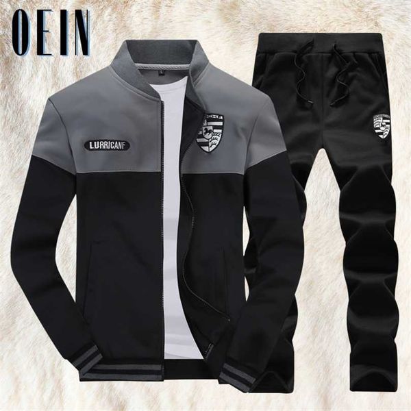 

oein autumn men 2 piece sets patchwork tracksuits sportswear mens zipper jacket + pant tracksuit male sweatshirt casual suit set 211106, Gray