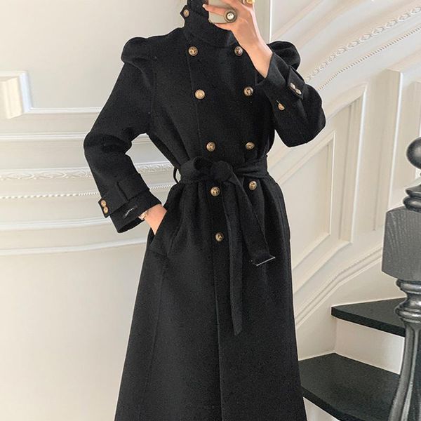 

women's wool & blends [ewq] korean chic autumn winter lapel double breasted bandage waist over knee long thickened woolen coat female 2, Black