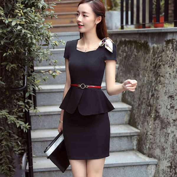 

dress women out uniform suits designs two joint parts for work above the knee mini skirt and pleated square collar short blazer sleeve, White