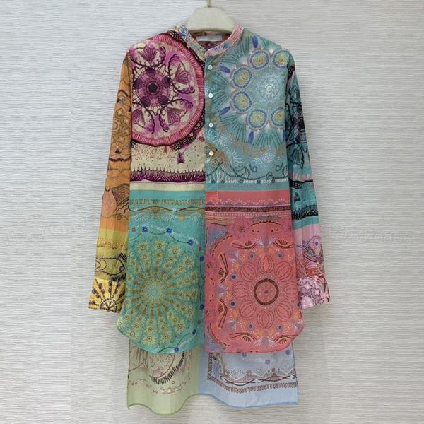 

100% cotton women's shirt spring and summer color printing stitching loose fashion casual long sleeve large size blouses & shirts, White