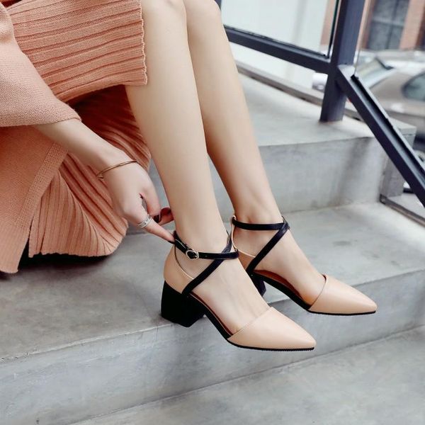 

dress shoes big size ladies high heels women woman pumps women's with pointed buckles and thick, Black