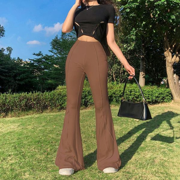 

women's pants & capris 2021 women fashion close-fitting flared casual solid color elastic high waist trousers white/ brown, Black;white
