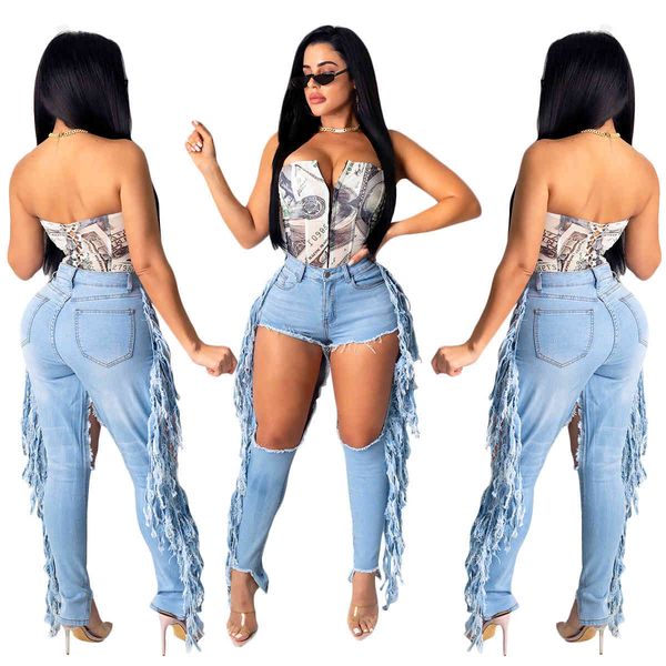 

jean women casual fashion washed hole high-waisted skinny jeans side tassel street trend denim trousers ladies pencil pants, Blue