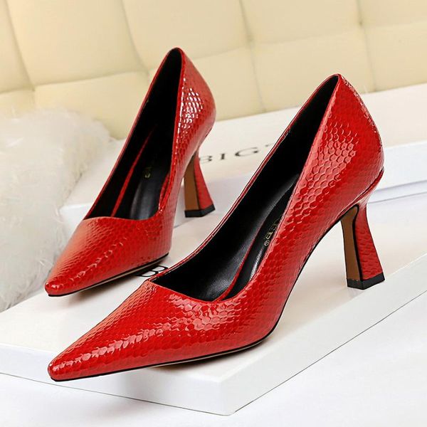 

dress shoes bigtree kitten heels snake women pumps spring high pointed party red lady shallow mouth, Black