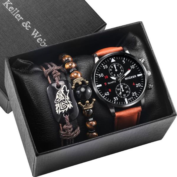 

wristwatches fashion watch gift set men brown quartz clock leather band men's wrist bracelet anniversary gifts box for husband, Slivery;brown
