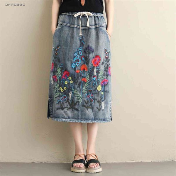 

big size froal embroidery women skirt denim maxi summer elastic waist streetwear vintage jean pencil skirts saia femme, Black