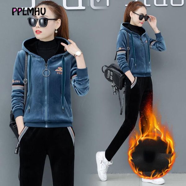 

women's tracksuits winter thicken warm velvet two piece set women casual zipper hooded and pant tracksuit plus size 4xl embroidered out, Gray