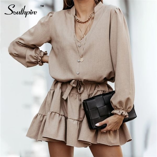 Southpire A-Line V-образным вырезом с коротким рюшами мини-летние драпы передняя кнопка мода улица повседневные платья женская ежедневная одежда 210623