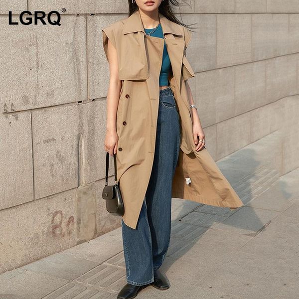 

women's trench coats [lgrq] women khaki sashes long lapel sleeveless loose fit windbreaker fashion tide spring autumn 2021 19d2500, Tan;black