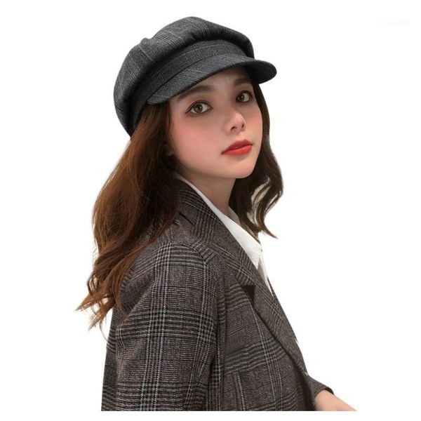 

berets sboy caps women vintage plaid printed hats female spring summer wide octagonal cap outdoor painter hat casquette, Blue;gray