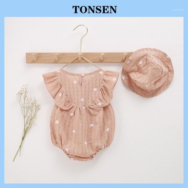 

rompers tonsen 0-2y born baby girls summer romper clothes sets polka dot crown print sleeveless onesie jumpsuit+hat babe outfit, Blue