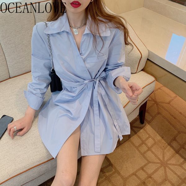 

bandage blue shirts singel breasted korean women blouses spring loose fashion long blusas mujer elegant 210415, White