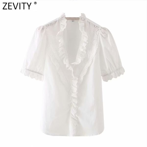 

women sweet lace ruffles hollow out embroidery smock blouse female short sleeve shirts chic casual blusas ls7695 210416, White