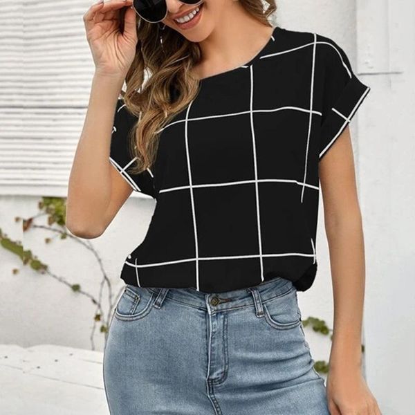 

women's blouses & shirts elegant plaid blouse casual lattice print o-neck short sleeve pullover loose ladies business bottom, White