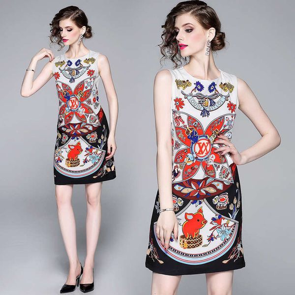 

fashion casual women's dresses summer print round neck sleeveless celebrity temperament dress small children, Black;gray