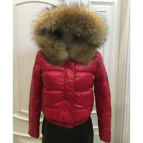 

women's jackets 2021 winter down jacket raccoon fur hood warm short coat long sleeve black red women wholesale, Black;brown