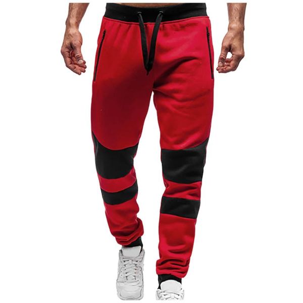 

men's pants casual sweatpants patchwork mid-waist drawstring with zipper pockets fitness workout sports jogger trousers, Black