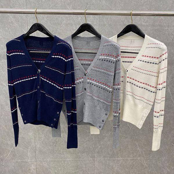 

wool sweater tb coat women's long sleeve 20 early autumn new sweet dotted stripe contrast casual knitted cardigan, White