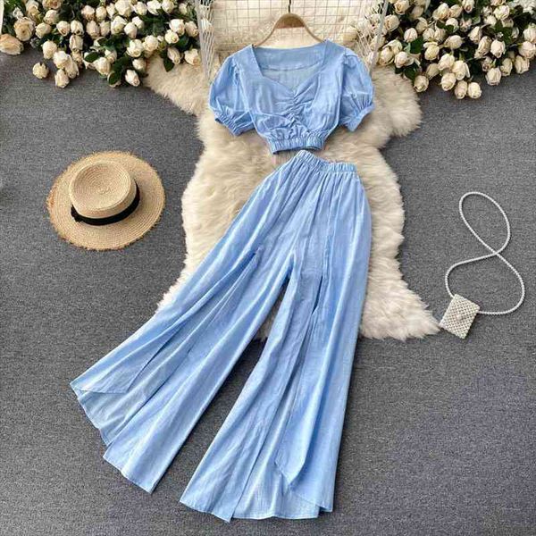 

singreiny women summer casual set puff sleeve v neck short high waist irregular split wide leg long pants two piece, White