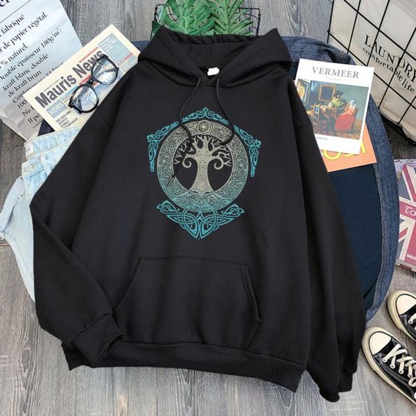 

women's hoodies & sweatshirts the tree of world in norse mythology yggdrasill cartoon print hoodie women oversized female casual o-neck, Black