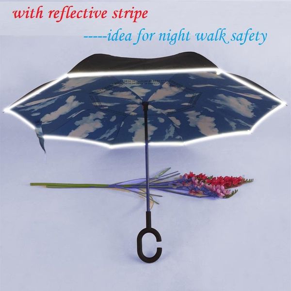 

umbrellas reverse umbrella with reflective stripe night walk travel safety cars light warning creative magic sky print inside