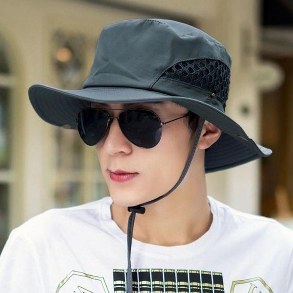 

stingy brim hats men casual breathable fishing cap with protective drawstring strap 10cm/3.9inch 8cm/3.1inch mesh, Blue;gray