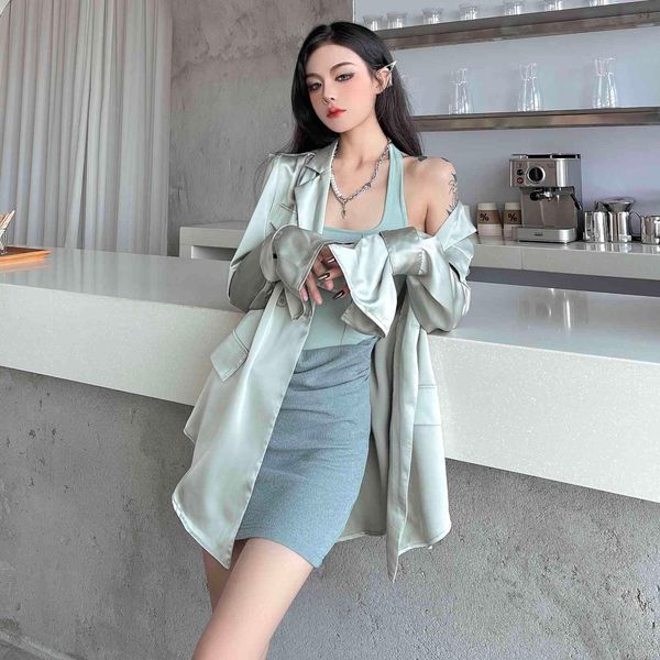 

women's suits & blazers female plus size satin blazer, new long-sleeve loose jacket for office, h04n, White;black