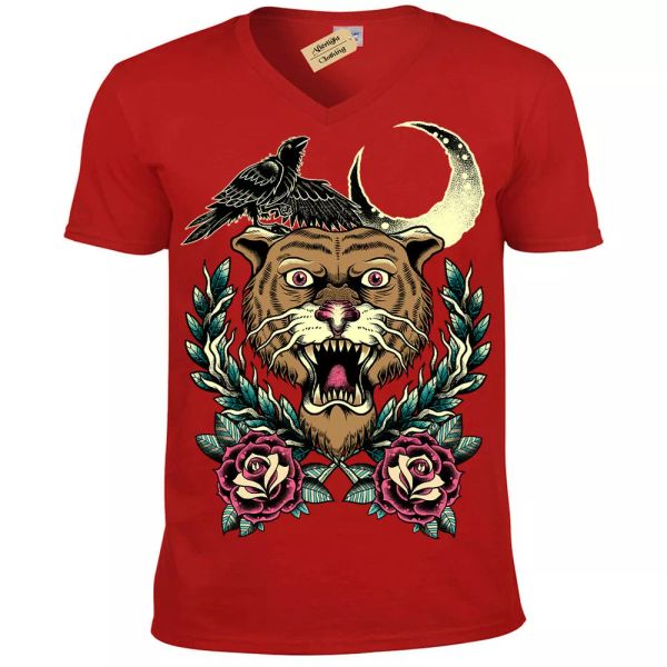 

tigre tatuaje camiseta rosa cuervo cuervo luna crescent hombre cuello en v, White;black
