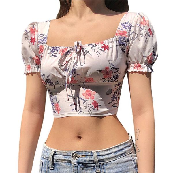 

women's blouses & shirts fashion purff short sleeve floral spring summer square neck blouse casual women streetwear, White