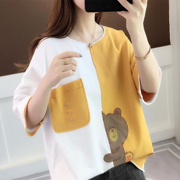 

women's t-shirt summer round neck short sleeve pocket stitching casual loose sports, White