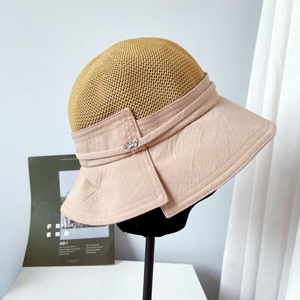 

big hat plain and elegant cotton hemp stitching knitted fisherman's for women in summer, Blue;gray