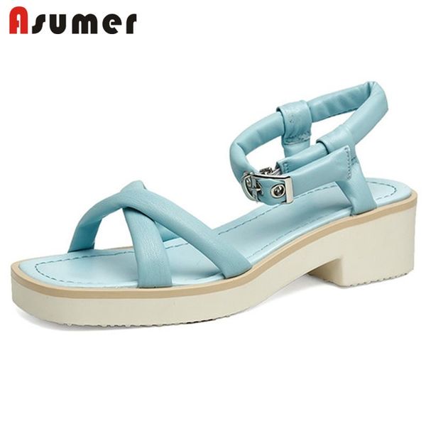 

sandals asumer 2021 blue casual shoes women ankle buckle simple square heel platform est, Black