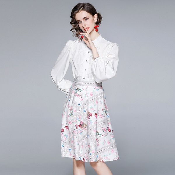 

summer elegant women white ruffles stand collar lantern sleeve shirts +hight waist print skirt set office 2 pieces suit 210514