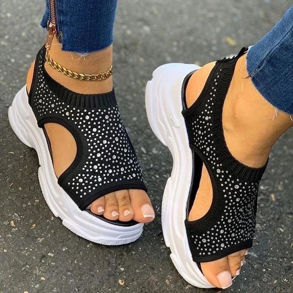

sandals hollow out women sport fashion fish mouth open-toed beach shoes outdoor wedge diamond summer 94t8, Black
