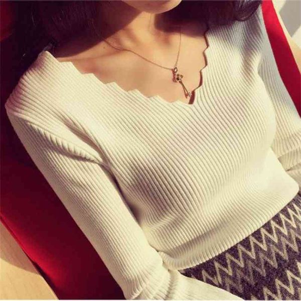 

autumn & winter arrivals wave edge v-neck slim women knit sweater casual all-match fashion 210527, White