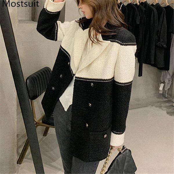 

color-blocked tweed women blazer coat spring autumn full sleeve stylish single-breasted jacket vintage elegant femme 210518, White;black