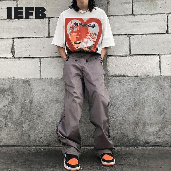 

men's design wear drawstring bottom streetwear overalls ins trend american causal loose pants 2021 spring 9y5529, Black