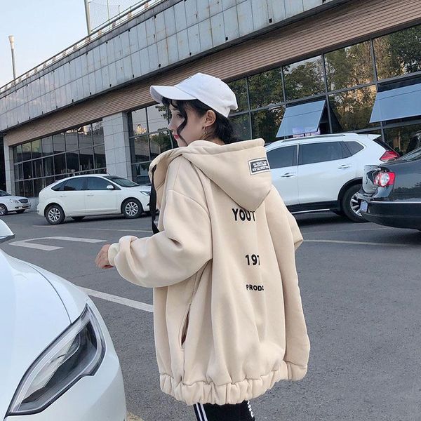 

women's hoodies & sweatshirts 2021 women korean zip-up letter printed autumn winter long sleeve pockets jacket female oversize streetwe, Black