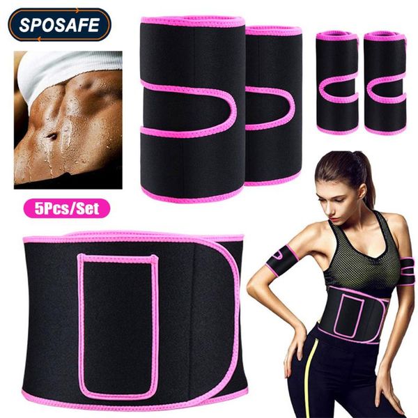 

5pcs/set legs arms waist trainer slimmer kit wrap belt fat burner sweat belly band slimming body shaper support, Black;gray