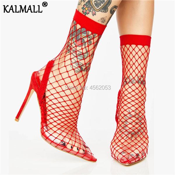 

boots kalmall black white green red net breathable summer shoes 45 sock ankle women pointed toe cut-outs mesh sandals high heel