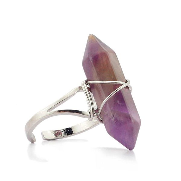 

new hexagonal prism rings gemstone rock natural crystal quartz healing point chakra stone charms opening rings for women men 163 t2, Golden;silver