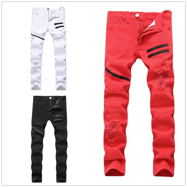 Pantaloni da uomo taglie forti Jeans da uomo con buco strappato Jeans dritti firmati con colore a contrasto Moda Casual Cerniera Pantaloni slim maschili Nero Bianco Rosso Tre colori