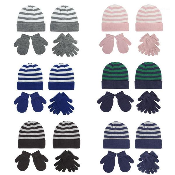 

caps & hats two-piece winter child hat gloves 2 peice set kids outdoor warm stripe knitted plush cap+gloves sets boys girls accessories 1-8y, Yellow