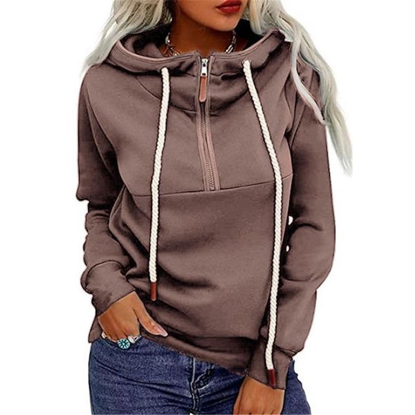 

women's hoodies & sweatshirts 2021 fall simple european and american pure color slim drawstring hooded sweatshirt pullover zipper ladie, Black