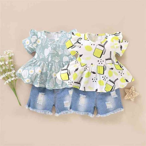 

girl clothes set summer children clothing +denim shorts 2pcs sets kids for girls 210528, White