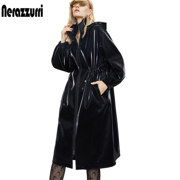 

nerazzurri long black warm oversized shiny patent leather trench coat for women long sleeve zip up fall fashion windbreaker 211025