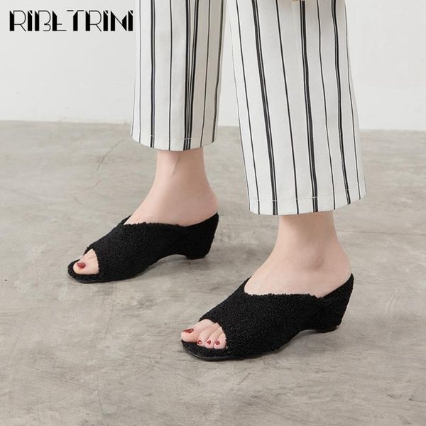 

dress shoes ribetrini slip-on high wedges fashion brand fake fur women mules 2021 elegant shallow casual summer, Black